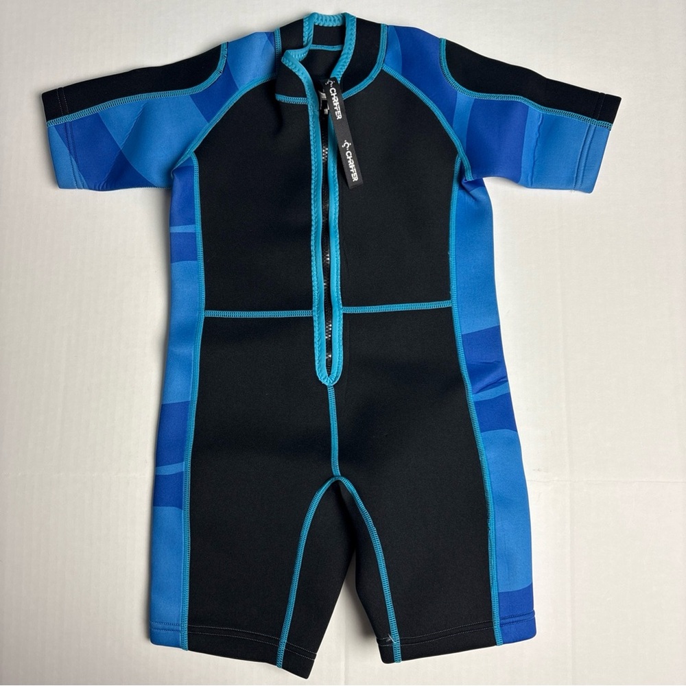 Chriffer Kids Youth Unisex Medium Wetsuit Shorts One Piece Black Blue Zipper